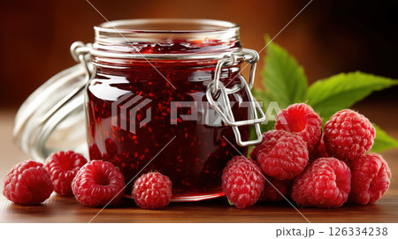 Jar of Raspberry Jam with Fresh Raspberries on Wooden Table 126334238