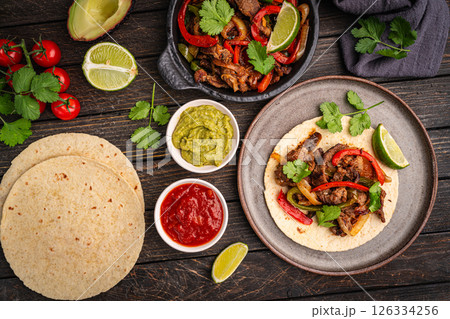 Fajitas, beef meat slices 126334256