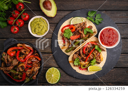 Fajitas, beef meat slices 126334259