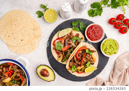 Fajitas, beef meat slices 126334263