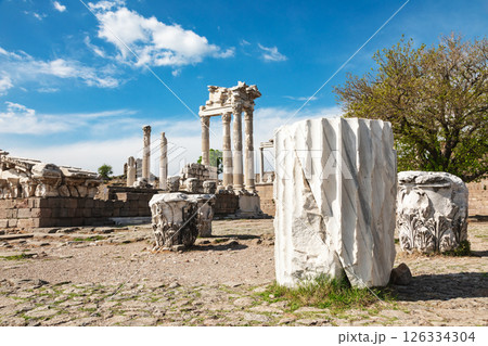 Temple of Trajan ruins in Pergamon with marble columns and historical architecture 126334304