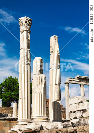 Temple of Trajan ruins with marble columns at Pergamon acropolis in Turkey Temple of Trajan ruins with marble columns at Pergamon acropolis in Turkey 126334308