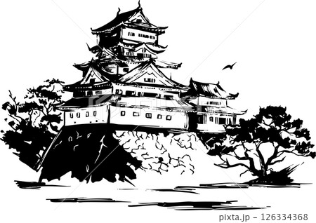 日本の城の墨絵 日本の城の墨絵 126334368