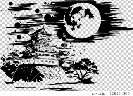 Japanese castle and moon ink painting Japanese castle and moon ink painting 126334369
