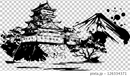 Japanese castle and mountain ink painting Japanese castle and mountain ink painting 126334371