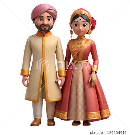 3d cartoon illustration of indian wedding couple in traditional attire, festive hindu ceremony 3d cartoon illustration of indian wedding couple in traditional attire, festive hindu ceremony 126334415