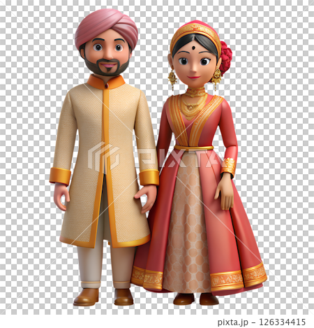 3d cartoon illustration of indian wedding couple in traditional attire, festive hindu ceremony 3d cartoon illustration of indian wedding couple in traditional attire, festive hindu ceremony 126334415