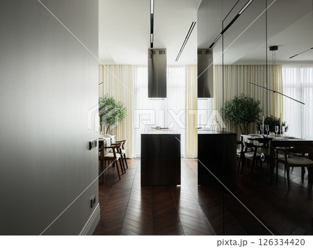 A Modern Kitchen and Dining Area Featuring a Stylish and Contemporary Design Concept A Modern Kitchen and Dining Area Featuring a Stylish and Contemporary Design Concept 126334420