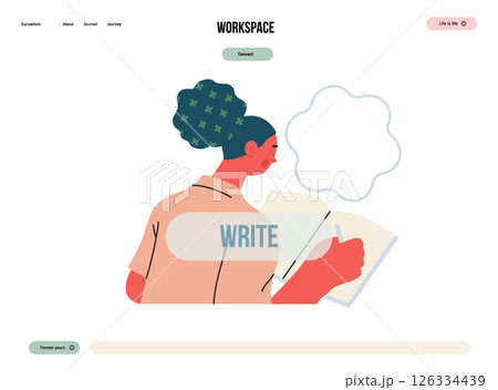 Writing people, modern flat vector concept illustration- sitting woman thoughtfully writing on notebook, bubble near head Metaphor for reflection, personal insight, contemplation, creative expression 126334439