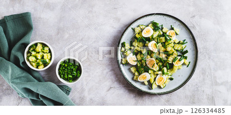 Appetizing mix of cucumbers, eggs and chives on a plate on the table top view web banner 126334485