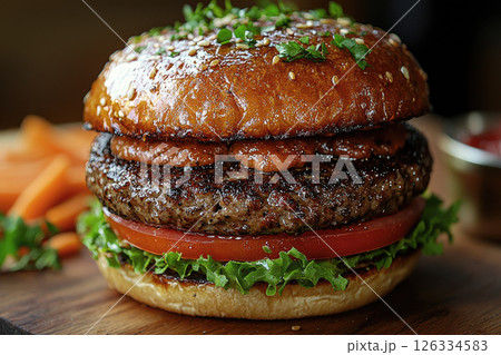 A juicy smash burger on a cutting board and crispy golden edges 126334583