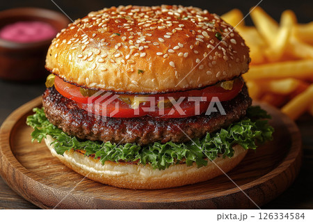 A juicy smash burger on a cutting board and crispy golden edges 126334584