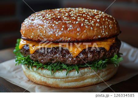 A juicy smash burger on a cutting board and crispy golden edges 126334585