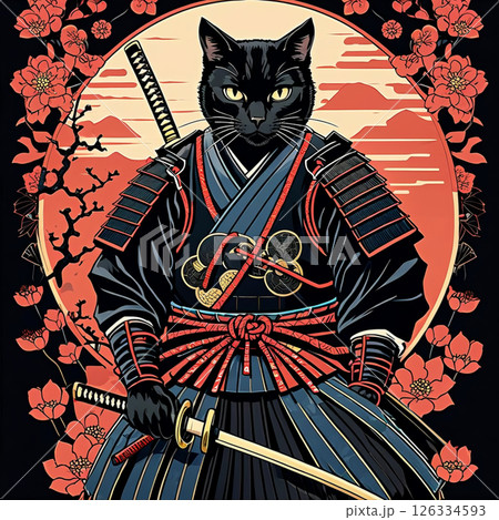 黒猫 侍 浮世絵風 006のイラスト素材 [126334593] - PIXTA