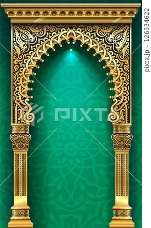 The luxurious entrance of the palace with golden arches The luxurious entrance of the palace with golden arches 126334622