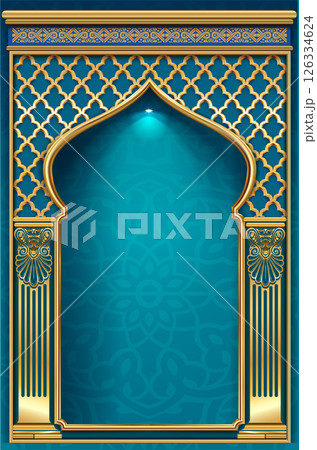 The luxurious entrance of the palace with golden arches The luxurious entrance of the palace with golden arches 126334624