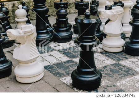 Black and white chess set with white king black pawns is displayed on black white checkered board. Black and white chess set with white king black pawns is displayed on black white checkered board. 126334748