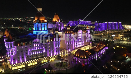 Rixos Hotel, Night, Kazakhstan: Illuminated Luxury Resort showcasing architectural beauty at night. Rixos Hotel, Night, Kazakhstan: Illuminated Luxury Resort showcasing architectural beauty at night. 126334756