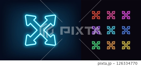 Outline neon scale arrow icon. Glowing neon scale size icon with arrow cross, expand interface. Full screen, increase display size, enlarge scale, zoom control, resize tool, maximize. Vector icon set 126334770