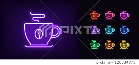 Outline neon coffee mug icon. Glowing neon coffee cup with grain icon and aroma, good morning. Natural grain coffee, espresso cup, americano mug, organic product, hot drink. Vector icon set Outline neon coffee mug icon. Glowing neon coffee cup with grain icon and aroma, good morning. Natural grain coffee, espresso cup, americano mug, organic product, hot drink. Vector icon set 126334775