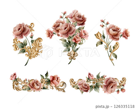 Roses with golden decorative vintage ornaments set in Victorian baroque style. Dusty pink flower arrangement. Watercolor hand painted floral isolated illustration wedding design, porcelain crockery Roses with golden decorative vintage ornaments set in Victorian baroque style. Dusty pink flower arrangement. Watercolor hand painted floral isolated illustration wedding design, porcelain crockery 126335118