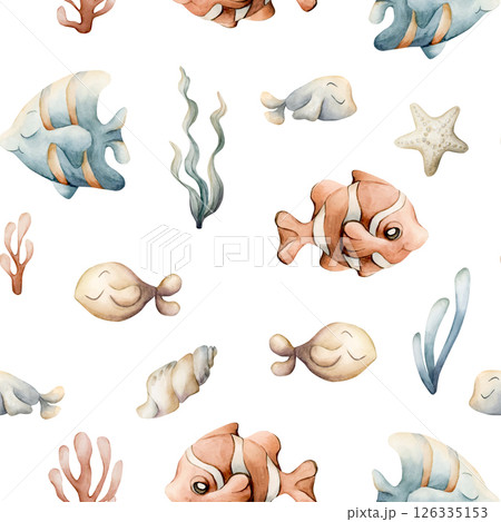 Sea Fishes Shells Seaweeds. Watercolor hand painted summer seamless pattern on white background. Cute pastel neutral underwater ocean marine life for kids baby nursery textile fabric, wrapping paper 126335153
