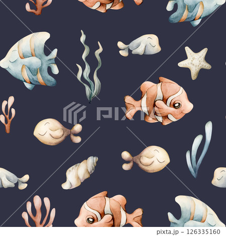 Sea Fishes Shells Seaweeds. Watercolor hand painted summer seamless pattern on dark blue background. Cute pastel neutral underwater ocean marine life kids baby nursery textile fabric, wrapping paper Sea Fishes Shells Seaweeds. Watercolor hand painted summer seamless pattern on dark blue background. Cute pastel neutral underwater ocean marine life kids baby nursery textile fabric, wrapping paper 126335160