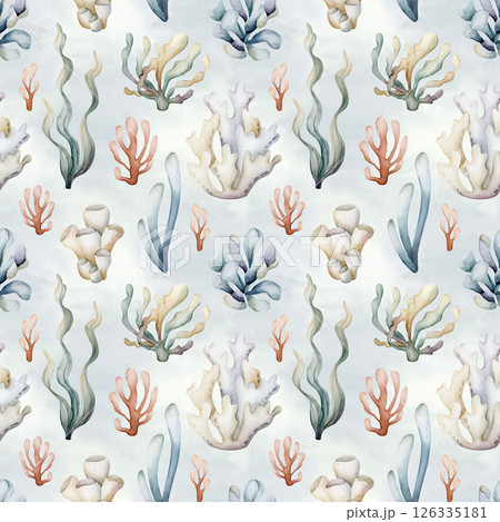 Sea plants. Seaweeds coral sponge. Watercolor hand painted summer seamless pattern on blue background. Cute pastel neutral underwater ocean marine life for kids baby nursery textile fabric, wrapping 126335181