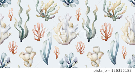 Sea plants. Seaweeds coral sponge. Watercolor hand painted summer seamless pattern on blue background. Cute pastel neutral underwater ocean marine life for kids baby nursery textile fabric, wrapping Sea plants. Seaweeds coral sponge. Watercolor hand painted summer seamless pattern on blue background. Cute pastel neutral underwater ocean marine life for kids baby nursery textile fabric, wrapping 126335182