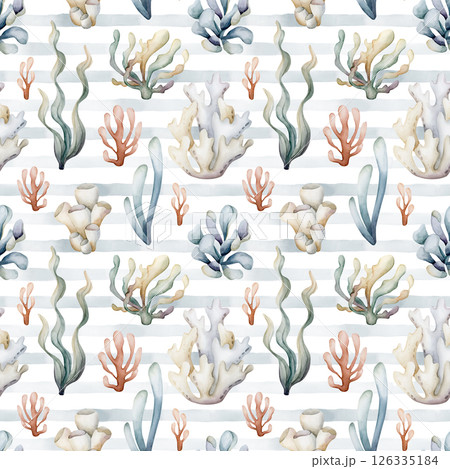 Sea plants. Seaweeds coral sponge. Watercolor hand painted summer blue striped seamless pattern on white background. Cute pastel underwater ocean marine life for kids baby nursery textile fabric 126335184