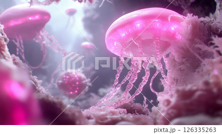 Futuristic digital illustration of glowing pink jellyfish underwater 126335263