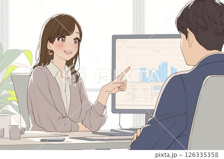 画面を見ながら打ち合わせする男女のビジネスパーソン_イラスト3 126335358