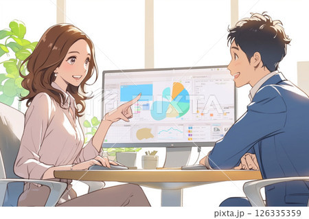 画面を見ながら打ち合わせする男女のビジネスパーソン_イラスト4 126335359