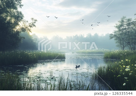 Bird flying over a serene lake surrounded by trees and reflected sky 126335544