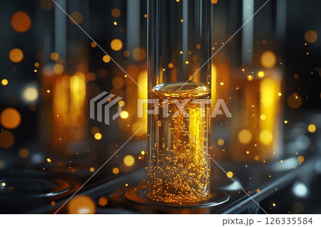Glass tube filled with colorful liquid and gold flasks on a reflective surface 126335584