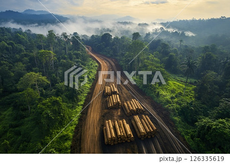 Dirt road lined with logs in a rural landscape during daytime Dirt road lined with logs in a rural landscape during daytime 126335619