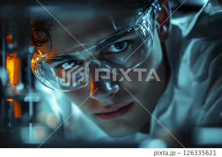 Man in lab coat analyzing data on computer in modern laboratory setting Man in lab coat analyzing data on computer in modern laboratory setting 126335621