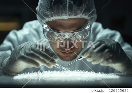 Man in lab coat and goggles conducting experiment with glass in laboratory setting 126335622