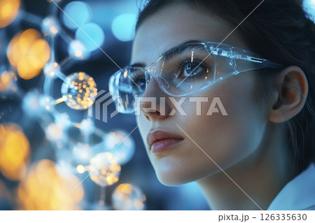 Woman wearing glasses looking at object with focus and curiosity in indoor setting 126335630