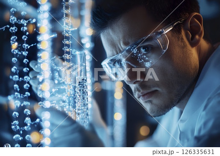 Scientist in lab coat analyzing glass test tube in laboratory environment 126335631