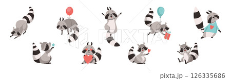 Funny Raccoon Animal Character with Ringed Tail Vector Set 126335686