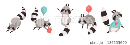 Funny Raccoon Animal Character with Ringed Tail Vector Set 126335690