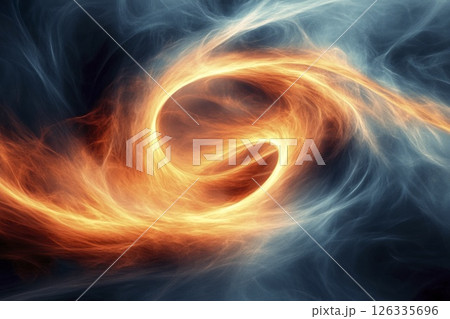 Black hole in the center of a swirling blue and orange cosmic background illustration 126335696