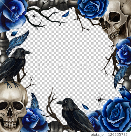 Frame with black crow, skulls, blue roses, dry branches, spider and raven's feather. Gothic style for Halloween. Watercolor illustration isolated from background. For packaging, invitations, postcard 126335785