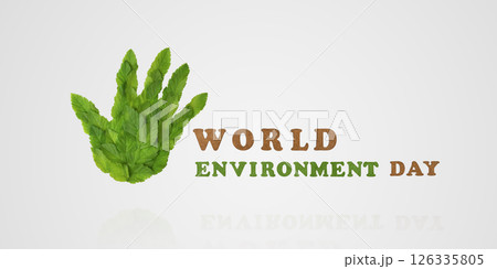 Mockup of the hand palm is made of green leaf on gray background. Beat plastic pollution. World Environment day concept, 05 June. Ecology concept. Mockup of the hand palm is made of green leaf on gray background. Beat plastic pollution. World Environment day concept, 05 June. Ecology concept. 126335805