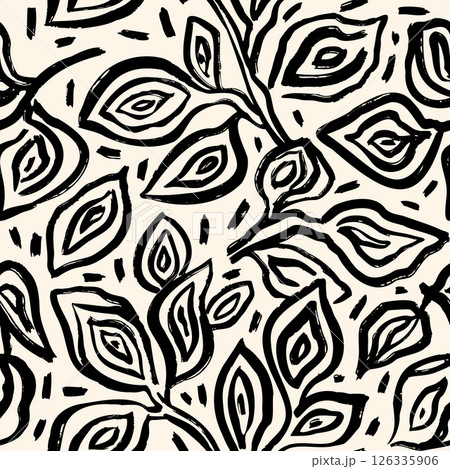 Black abstract leaves seamless pattern drawing in brushpen. Vector hand drawn botanical ink print 126335906