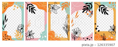 Abstract floral designs. Stories templates, social media apps decorative frames, trendy shapes backgrounds, tropical botanical borders, transparent layer, vertical minimal garish vector set 126335907