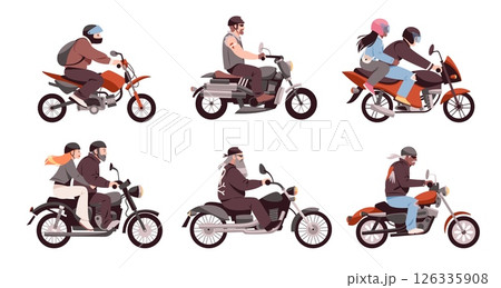Bikers on motorcycles. Happy people riding motors, male and female drivers characters, rockers on motorbikes, city vehicles, classic vehicle for road racing cartoon flat tidy vector set Bikers on motorcycles. Happy people riding motors, male and female drivers characters, rockers on motorbikes, city vehicles, classic vehicle for road racing cartoon flat tidy vector set 126335908