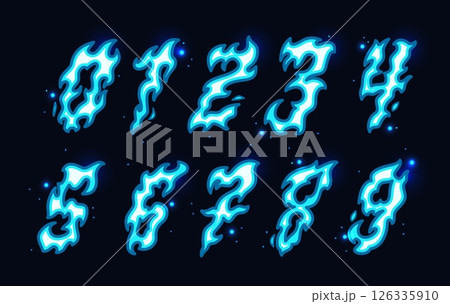 Burning blue numbers. Magic flame font, game ui asset, cold fire symbols, gas gorenje design, cartoon decorative glowing signs, plasma flammable isolated elements, tidy vector graphic set Burning blue numbers. Magic flame font, game ui asset, cold fire symbols, gas gorenje design, cartoon decorative glowing signs, plasma flammable isolated elements, tidy vector graphic set 126335910