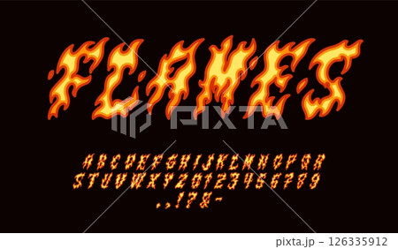 Burning font. Flame letters and numbers, fire alphabet, bonfire magic text, decorative typography, graffiti inscriptions, bright ignite flammable typeface, elements tidy vector isolated set 126335912